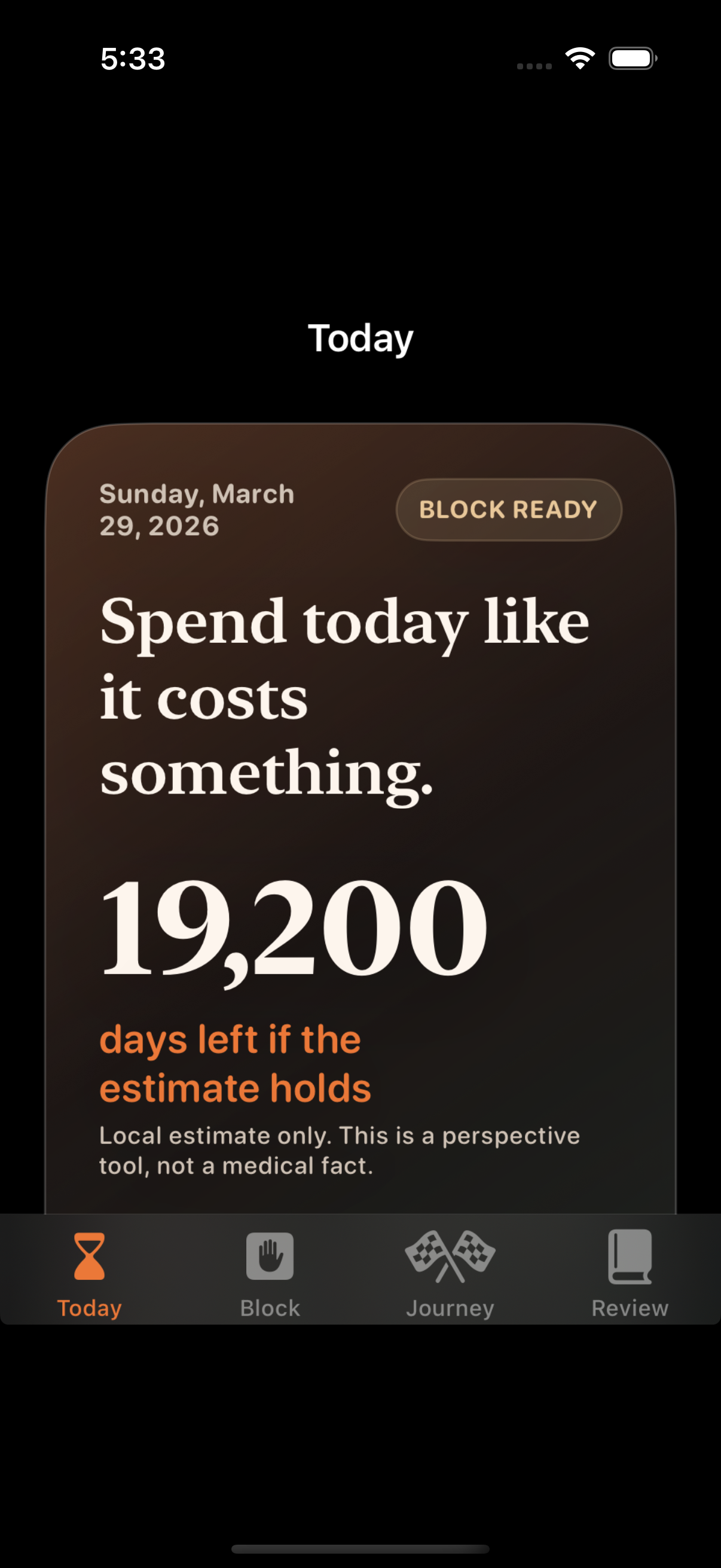 Finitude today screen with days left and perspective headline