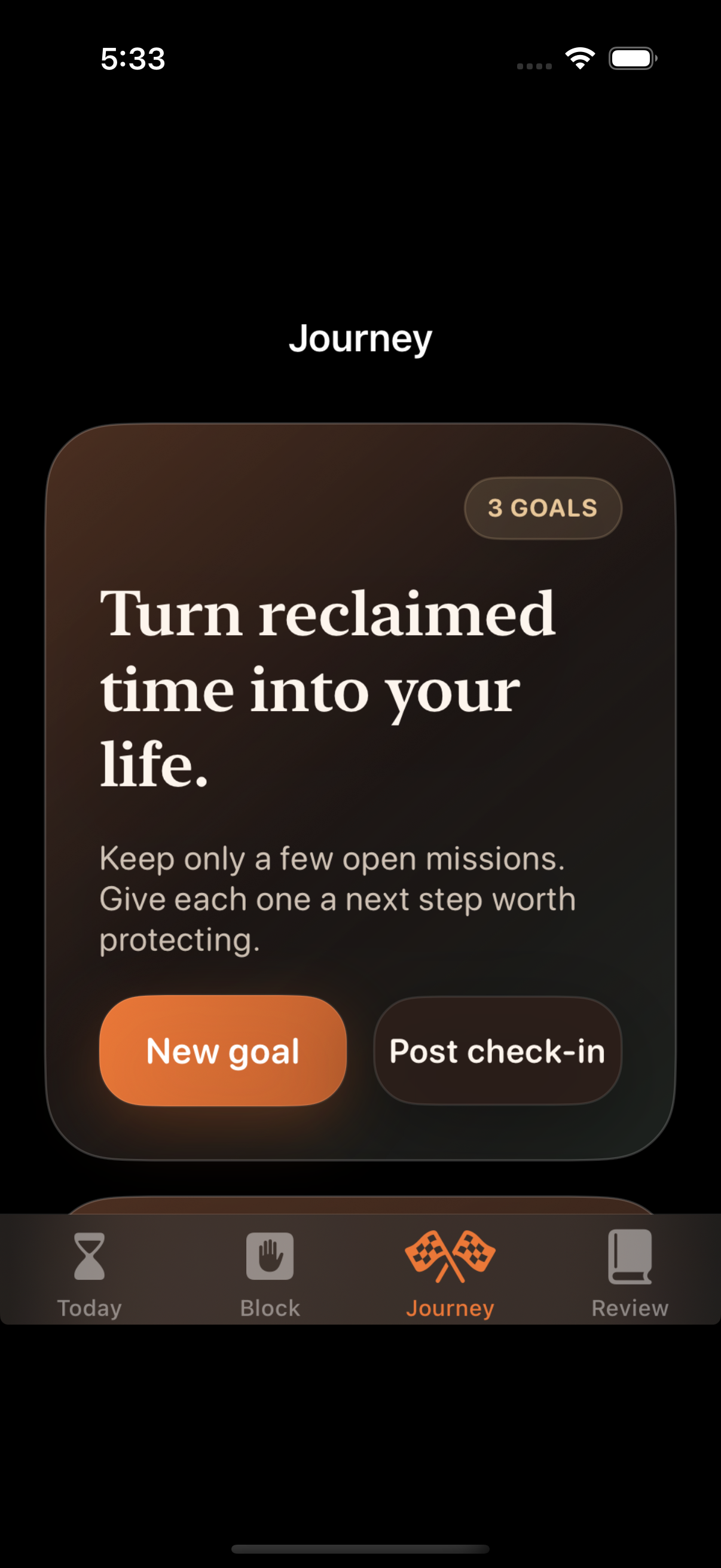 Finitude journey screen showing goals and actions