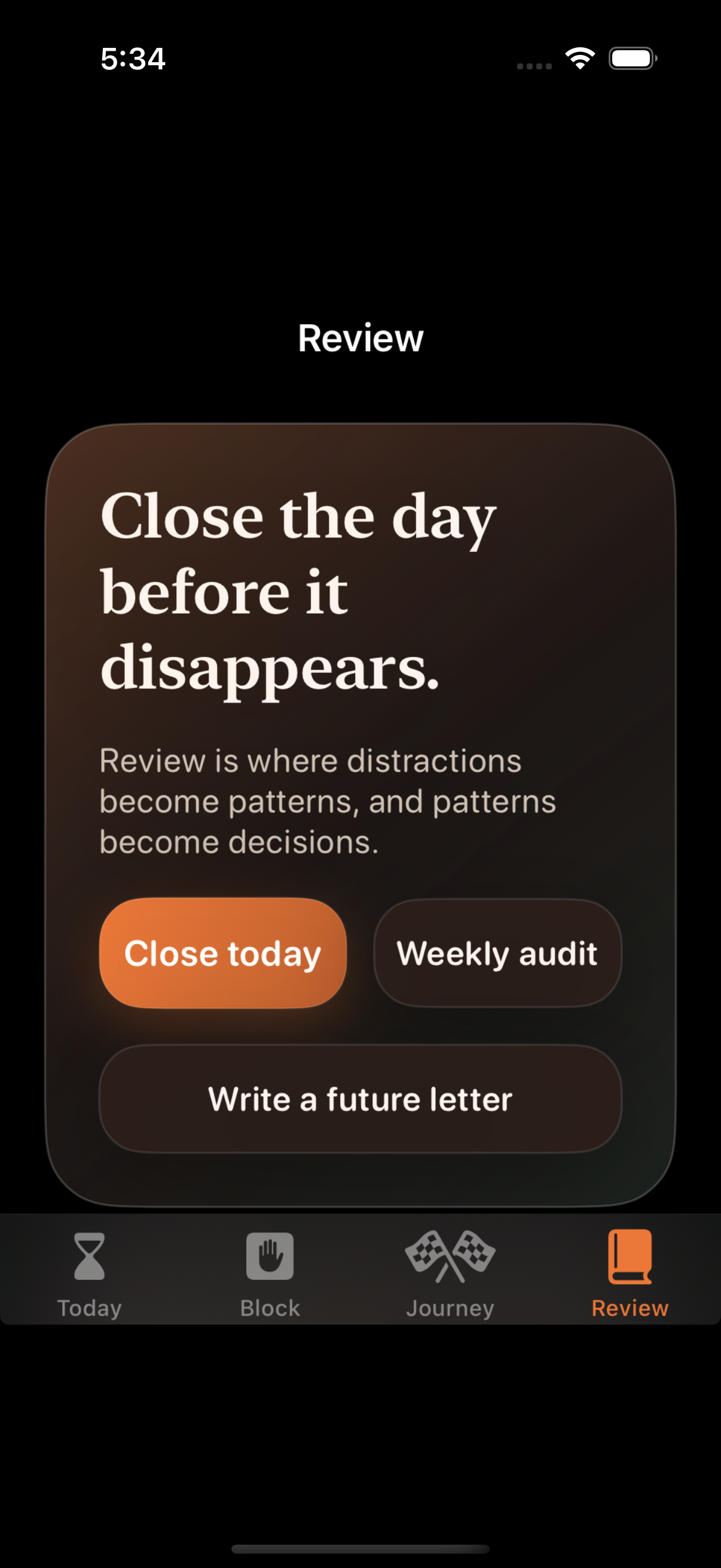 Finitude review screen showing daily close and weekly audit